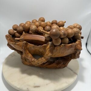Wooden Fruit-Set Vintage MCM Monkey Pod Bowl Of 9 Pcs of Fruit